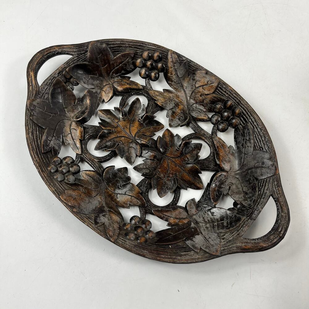 Antique German Hand Carved Black Forest Leaf Berry Wood Bowl 12x8 Vtg Artisan